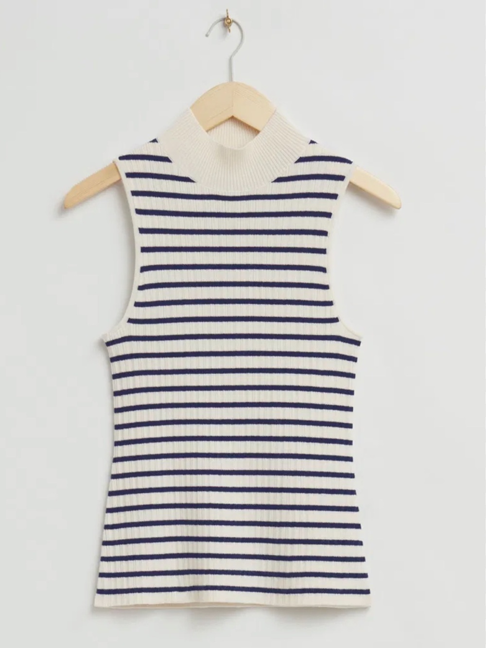 & Other Stories Cream and Navy Striped Ribbed Mock Neck Tank